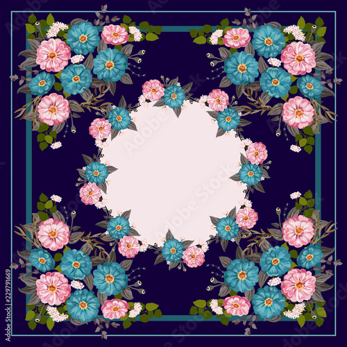 Colorful beautiful shawl, scarf print. Flowering summer garden zinnia background. Country, Cuban, gipsy style. Bandana, pareo, home textile design. Use for covers, surface, scrapbooking, decoupage.