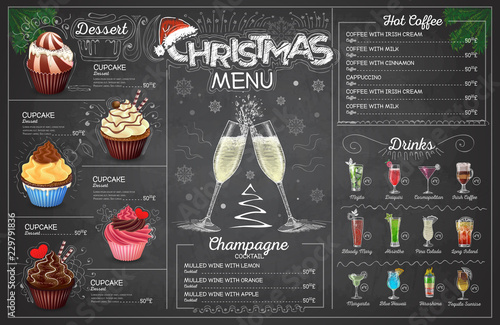 Vintage chalk drawing christmas menu design with champange. Restaurant menu