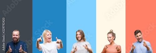 Collage of casual young people over colorful stripes isolated background pointing fingers to camera with happy and funny face. Good energy and vibes.