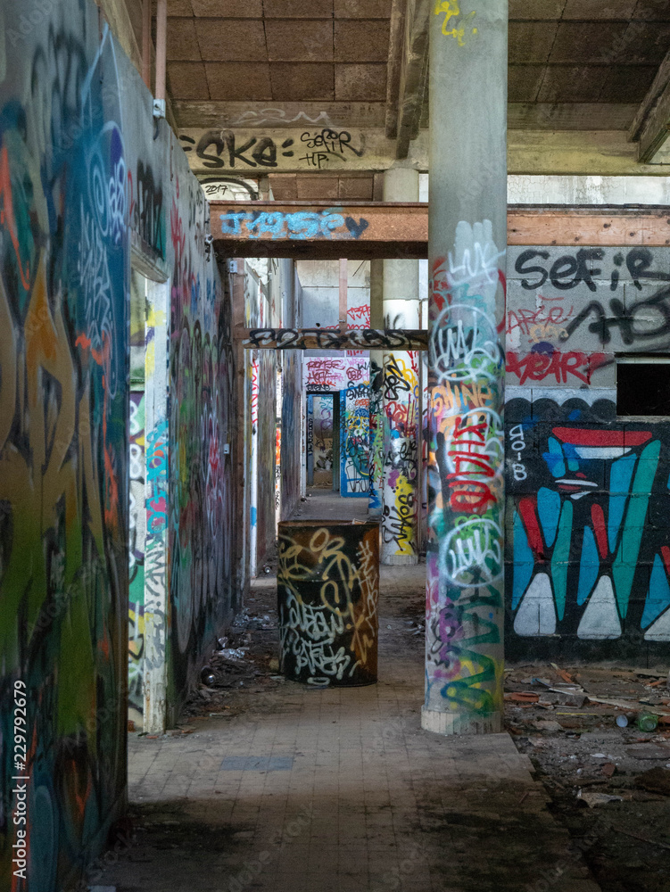 Hallway in an old abandoned building or factory, completely destroyed and vandalized, painted with colourful graffiti street art Hallway in an old abandoned building or factory, completely destroyed and vandalized, painted with colourful graffiti street art