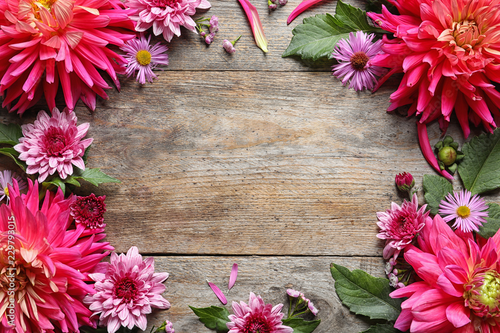 Flat lay composition with beautiful dahlia flowers and space for text on wooden background Flat lay composition with beautiful dahlia flowers and space for text on wooden background