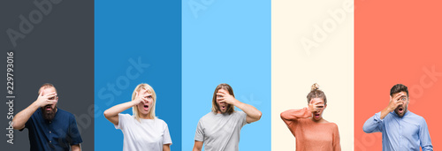 Photos Collage of casual young people over colorful stripes isolated background peeking in shock covering face and eyes with hand, looking through fingers with embarrassed expression