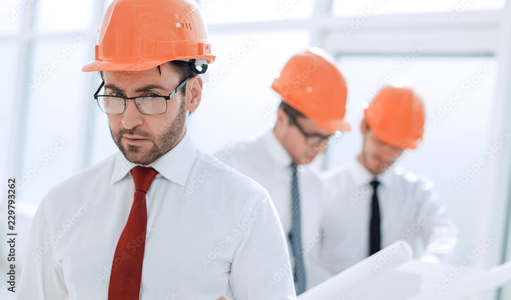 close up.engineer Builder in a protective helmet