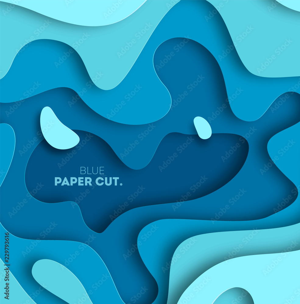 3D abstract blue wave background with paper cut shapes. Vector design ...