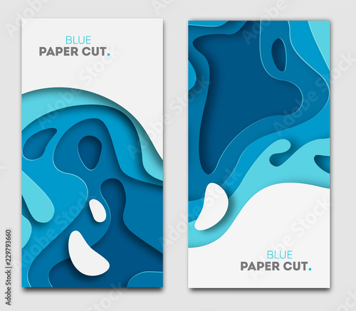 Paper cut design concept for flyers, presentations and posters. Vector abstract carving art. White and blue 3D layered vertical banners.