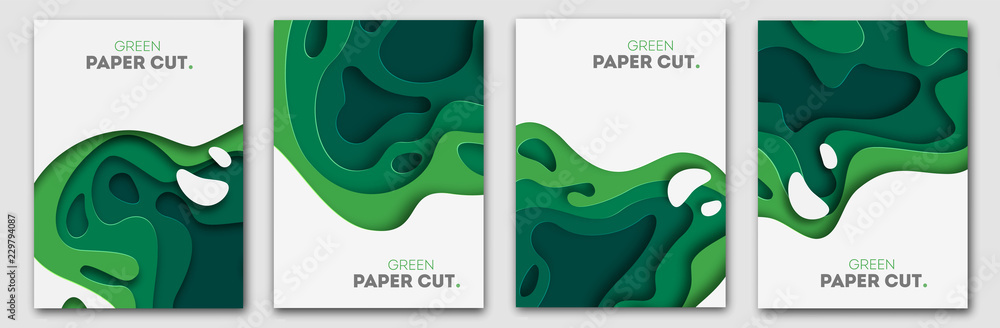 Plakat Banners set 3D abstract background, green paper cut shapes. Vector design layout for business presentations, flyers, posters and invitations. Carving art, environment and ecology elements