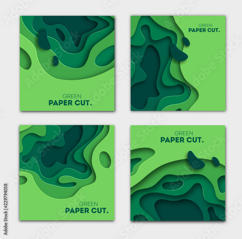 Banners set 3D abstract background, green paper cut shapes. Vector design layout for business presentations, flyers, posters and invitations. Carving art, environment and ecology elements photo