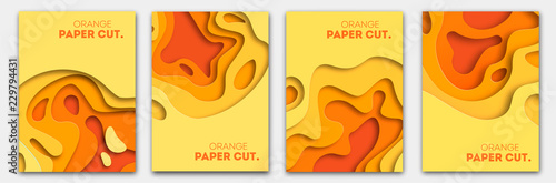 Banners templates with orange paper cut shapes. Bright autumn modern abstract design. Vector Illustration.