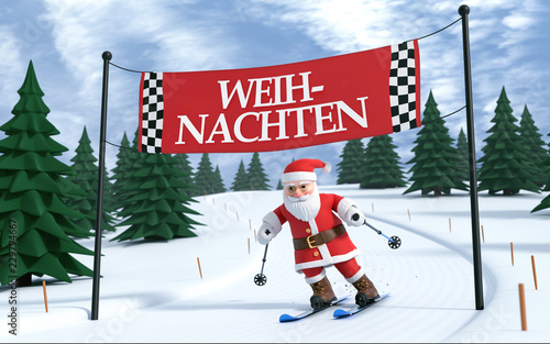 3D Illustration Weihnachtsmann auf Ski ins Ziel kommen Weihnachten photo