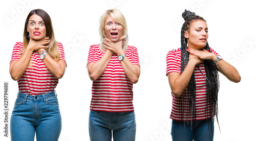 Fotografía Collage of young women wearing stripes t-shirt over isolated background shouting and suffocate because painful strangle