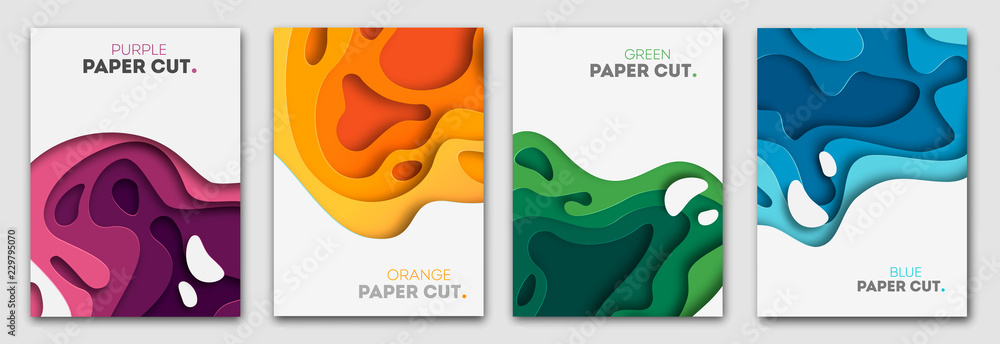 Plakat Vertical banners set with 3D abstract background and paper cut shapes. Vector design layout for business presentations, flyers, posters and invitations. Colorful carving art