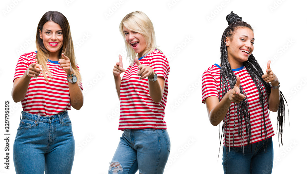 Collage of young women wearing stripes t-shirt over isolated background pointing fingers to camera with happy and funny face. Good energy and vibes. Collage of young women wearing stripes t-shirt over isolated background pointing fingers to camera with happy and funny face. Good energy and vibes.
