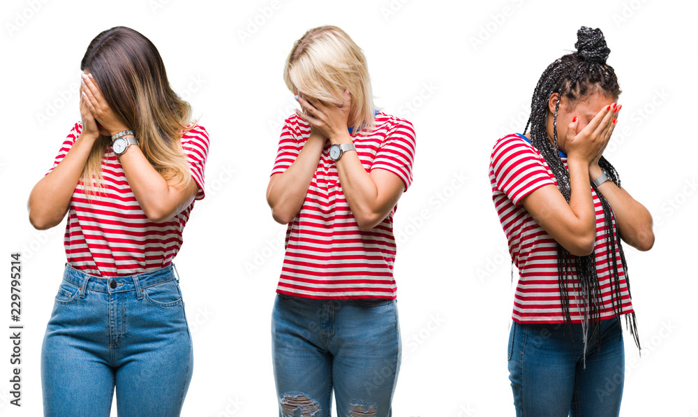 Collage of young women wearing stripes t-shirt over isolated background with sad expression covering face with hands while crying. Depression concept. Collage of young women wearing stripes t-shirt over isolated background with sad expression covering face with hands while crying. Depression concept.