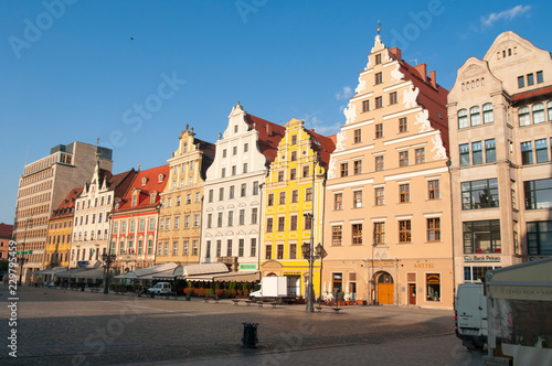 Facades of old historic tenements on Rynek (Market Square) in Wroclaw (Breslau), Poland