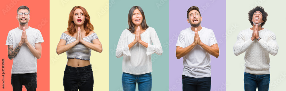 Composition of african american, hispanic and chinese group of people over vintage color background begging and praying with hands together with hope expression on face very emotional and worried Composition of african american, hispanic and chinese group of people over vintage color background begging and praying with hands together with hope expression on face very emotional and worried