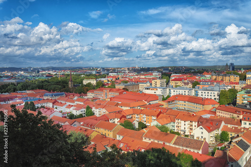 Picture of european city overview from the top with blue sky and clouds