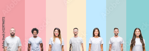 Collage of different ethnics young people wearing white t-shirt over colorful isolated background with a happy and cool smile on face. Lucky person.