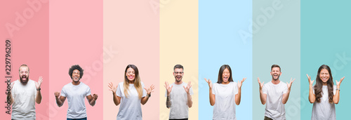 Collage of different ethnics young people wearing white t-shirt over colorful isolated background celebrating mad and crazy for success with arms raised and closed eyes screaming excited