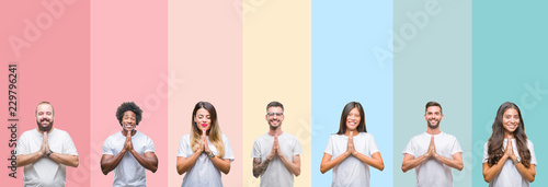 Collage of different ethnics young people wearing white t-shirt over colorful isolated background praying with hands together asking for forgiveness smiling confident.