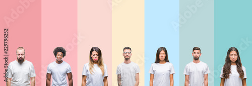 Collage of different ethnics young people wearing white t-shirt over colorful isolated background depressed and worry for distress, crying angry and afraid. Sad expression.