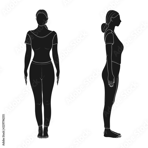 Female Front and Side View. Tadasana. Vector. 