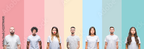 Collage of different ethnics young people wearing white t-shirt over colorful isolated background puffing cheeks with funny face. Mouth inflated with air, crazy expression.