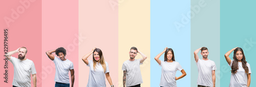 Collage of different ethnics young people wearing white t-shirt over colorful isolated background confuse and wonder about question. Uncertain with doubt, thinking with hand on head. Pensive concept.