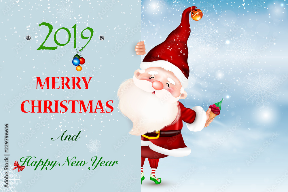 Happy smiling Santa Claus standing behind a blank sign, showing a big ltht blank sign.Christmas card. Happy smiling Santa Claus standing behind a blank sign, showing a big ltht blank sign.Christmas card.
