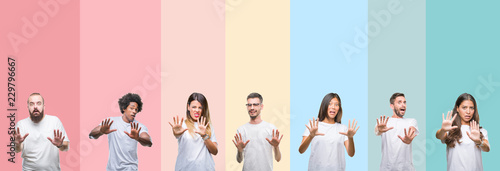 Collage of different ethnics young people wearing white t-shirt over colorful isolated background afraid and terrified with fear expression stop gesture with hands  shouting in shock. Panic concept.