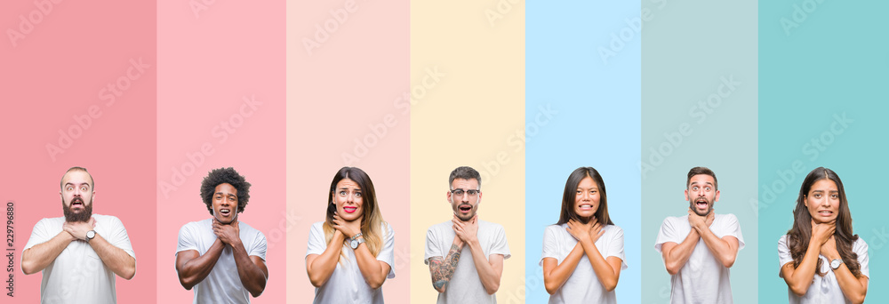 Obraz premium Collage of different ethnics young people wearing white t-shirt over colorful isolated background shouting and suffocate because painful strangle. Health problem. Asphyxiate and suicide concept.