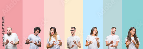 Collage of different ethnics young people wearing white t-shirt over colorful isolated background disgusted expression, displeased and fearful doing disgust face because aversion reaction
