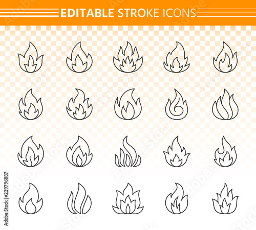 Fire simple black line icons vector set