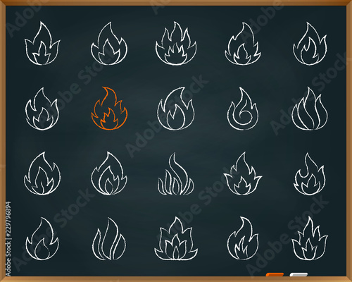 Fire chalk draw line icons vector set