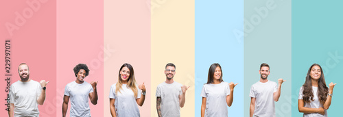Collage of different ethnics young people wearing white t-shirt over colorful isolated background smiling with happy face looking and pointing to the side with thumb up.