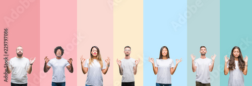 Collage of different ethnics young people wearing white t-shirt over colorful isolated background relax and smiling with eyes closed doing meditation gesture with fingers. Yoga concept.