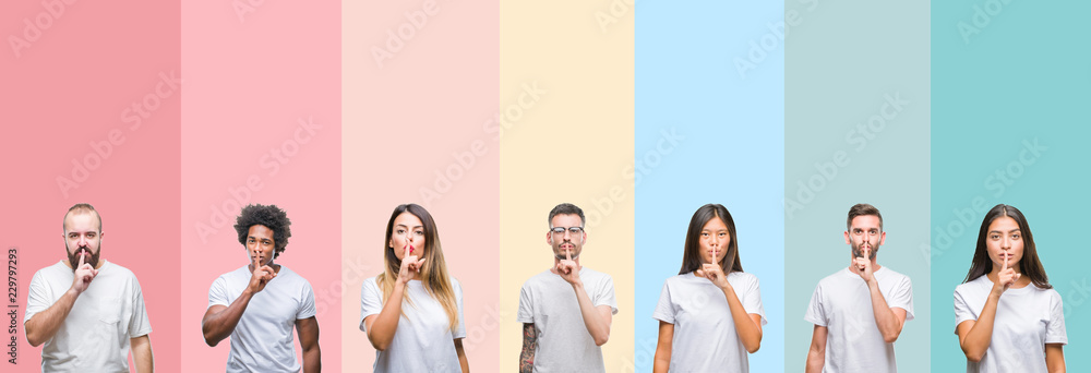 Fototapeta premium Collage of different ethnics young people wearing white t-shirt over colorful isolated background asking to be quiet with finger on lips. Silence and secret concept.