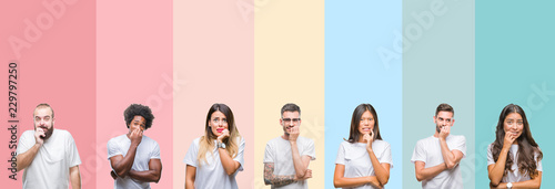 Collage of different ethnics young people wearing white t-shirt over colorful isolated background looking stressed and nervous with hands on mouth biting nails. Anxiety problem.