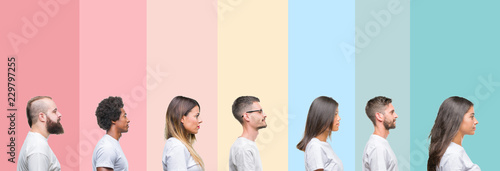 Collage of different ethnics young people wearing white t-shirt over colorful isolated background looking to side, relax profile pose with natural face with confident smile.