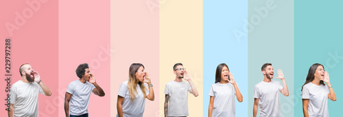 Collage of different ethnics young people wearing white t-shirt over colorful isolated background shouting and screaming loud to side with hand on mouth. Communication concept.
