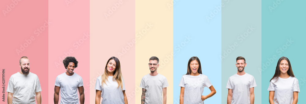 Fototapeta premium Collage of different ethnics young people wearing white t-shirt over colorful isolated background winking looking at the camera with sexy expression, cheerful and happy face.