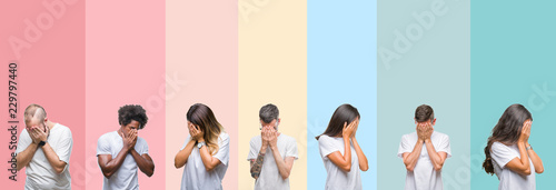 Collage of different ethnics young people wearing white t-shirt over colorful isolated background with sad expression covering face with hands while crying. Depression concept.