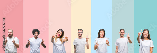 Collage of different ethnics young people wearing white t-shirt over colorful isolated background smiling looking to the camera showing fingers doing victory sign. Number two.