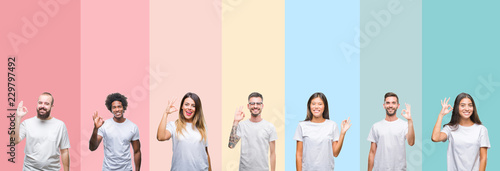 Foto Collage of different ethnics young people wearing white t-shirt over colorful isolated background smiling positive doing ok sign with hand and fingers