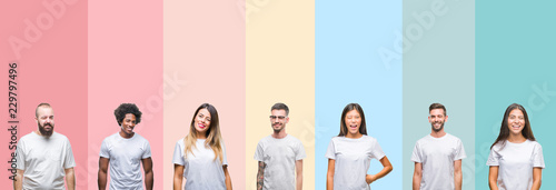 Collage of different ethnics young people wearing white t-shirt over colorful isolated background winking looking at the camera with sexy expression  cheerful and happy face.