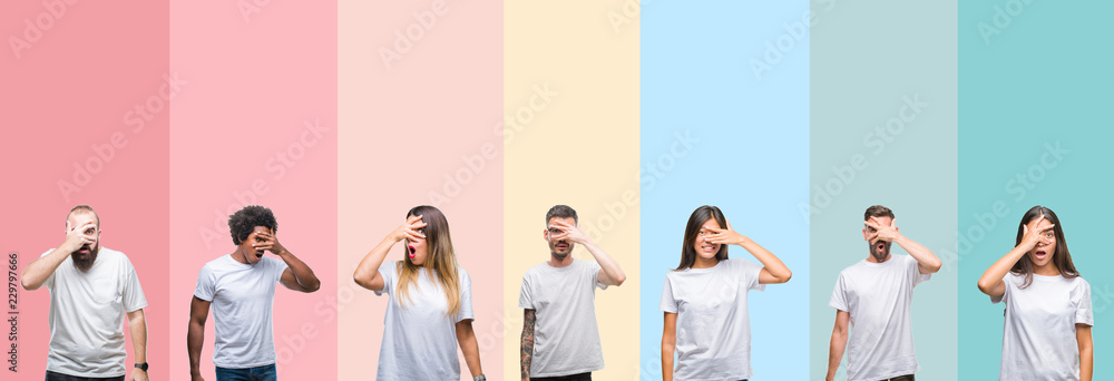Fototapeta premium Collage of different ethnics young people wearing white t-shirt over colorful isolated background peeking in shock covering face and eyes with hand, looking through fingers