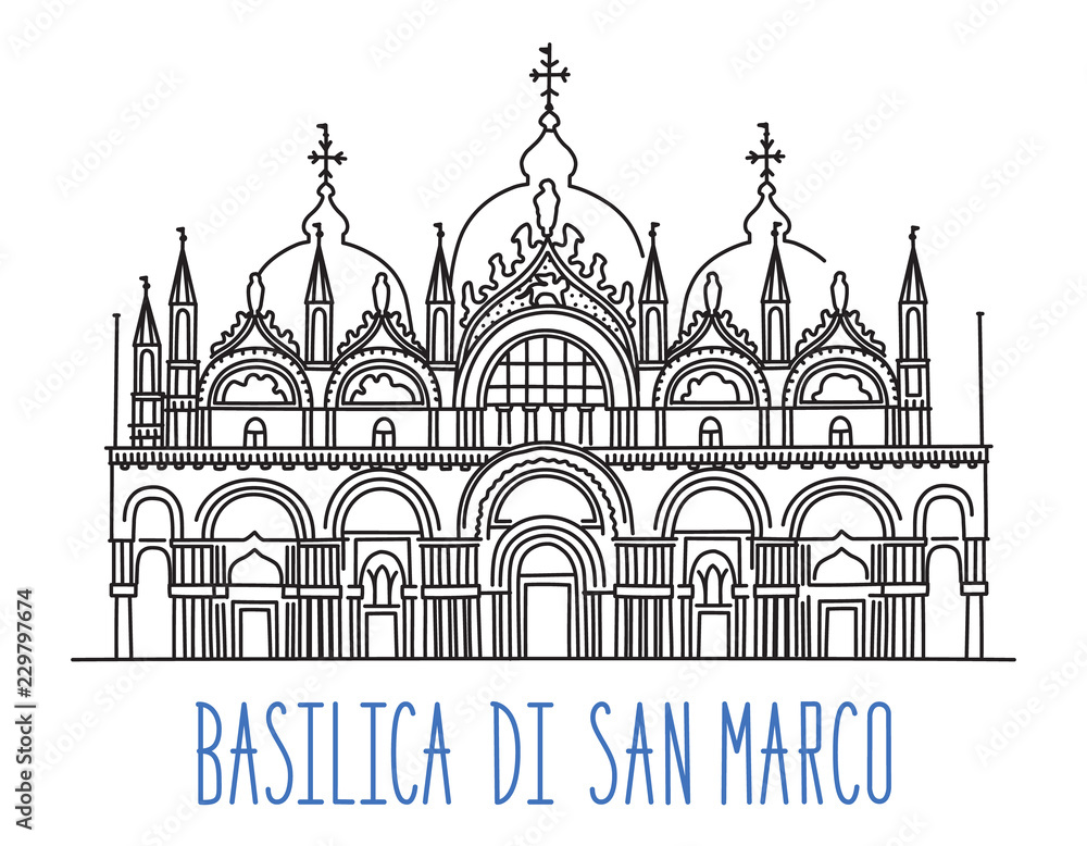 Saint Mark's Basilica (Basilica di San Marco) in Venice, Italy. Freehand drawing of the landmark. Vector illustration isolated on white background