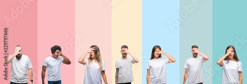 Collage of different ethnics young people wearing white t-shirt over colorful isolated background peeking in shock covering face and eyes with hand  looking through fingers