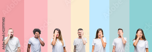 Collage of different ethnics young people wearing white t-shirt over colorful isolated background covering one eye with hand with confident smile on face and surprise emotion.