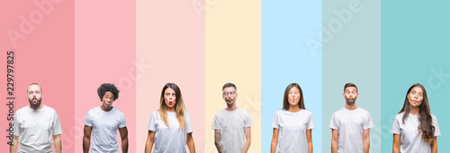 Collage of different ethnics young people wearing white t-shirt over colorful isolated background making fish face with lips  crazy and comical gesture. Funny expression.