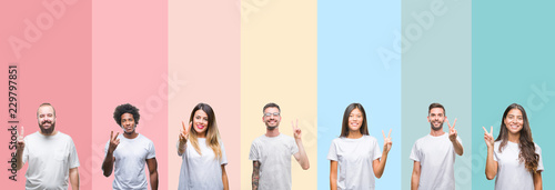 Collage of different ethnics young people wearing white t-shirt over colorful isolated background showing and pointing up with fingers number two while smiling confident and happy.